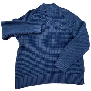 Duluth Sweater Men Medium Blue Heavy Knit Henley Sweatshirt Pocket Navy Waffle